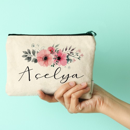 İsme özel çiçekli çok amaçlı canvas clutch çanta